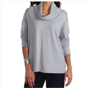 H HALSTON Lace Paneled Cowl Neck Sweater NWT L